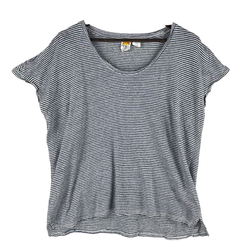 C&C California Womens Scoop Neck Tee M Navy/White Micro Striped 100% Linen